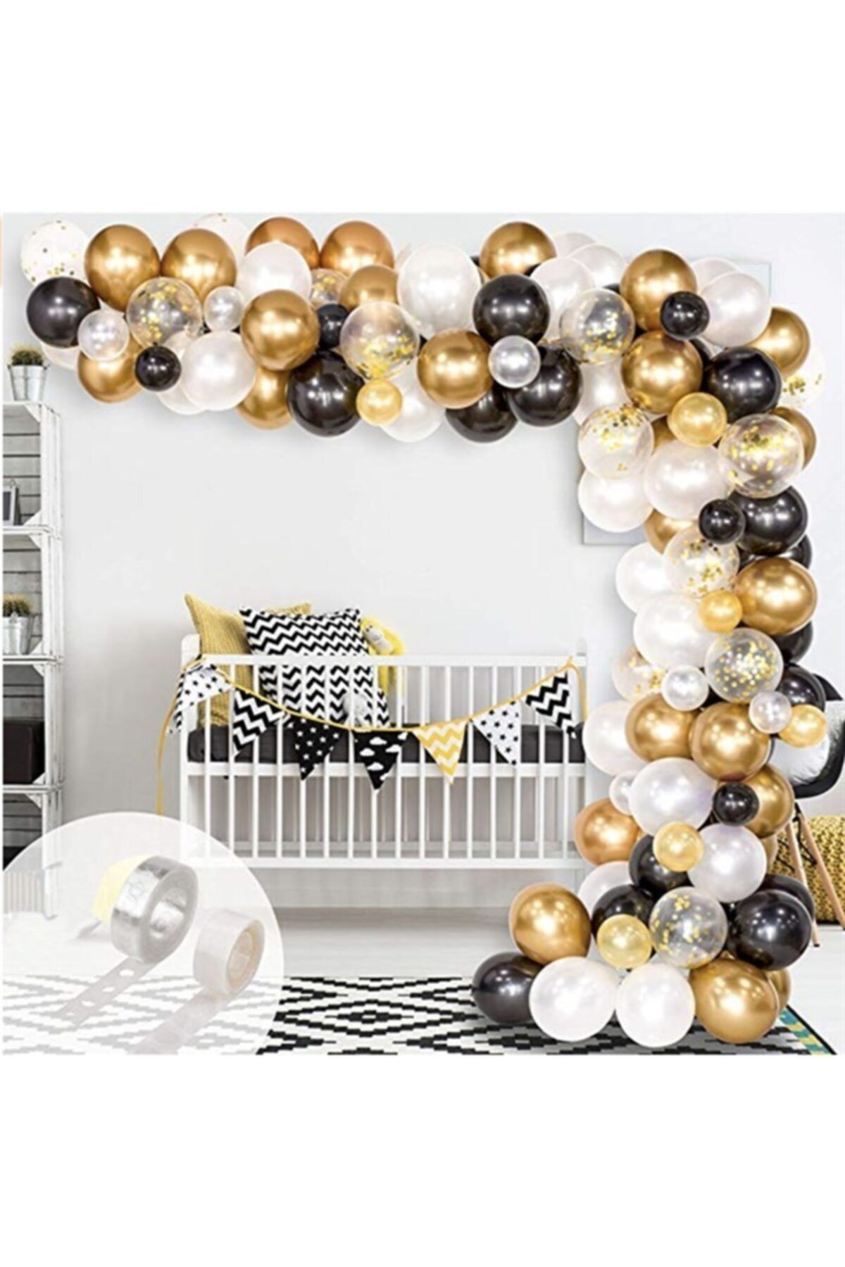 Siyah Beyaz Gold Krom Konfetili Balon Zincir Seti