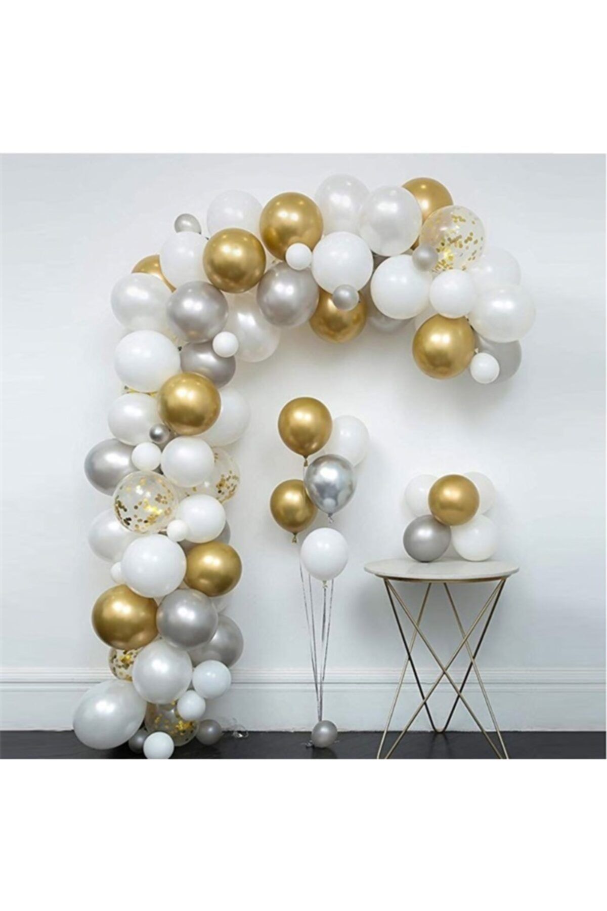 Gold Gümüş Beyaz Kombin Zincir Balon Seti 5 Metre 100 Adet