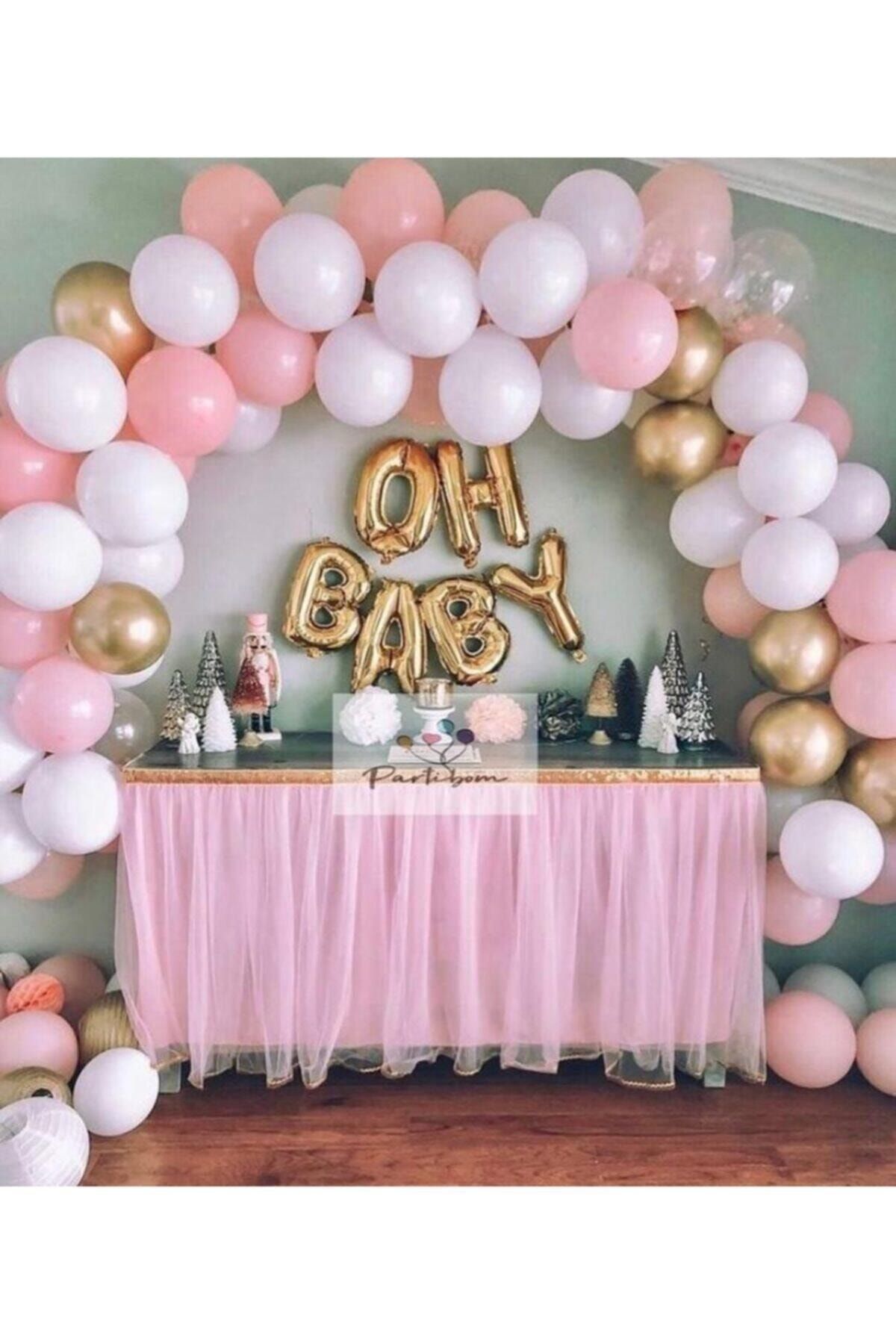Krom Gold Makaron Pembe Pastel Beyaz Balon Konsept Balon Zincir