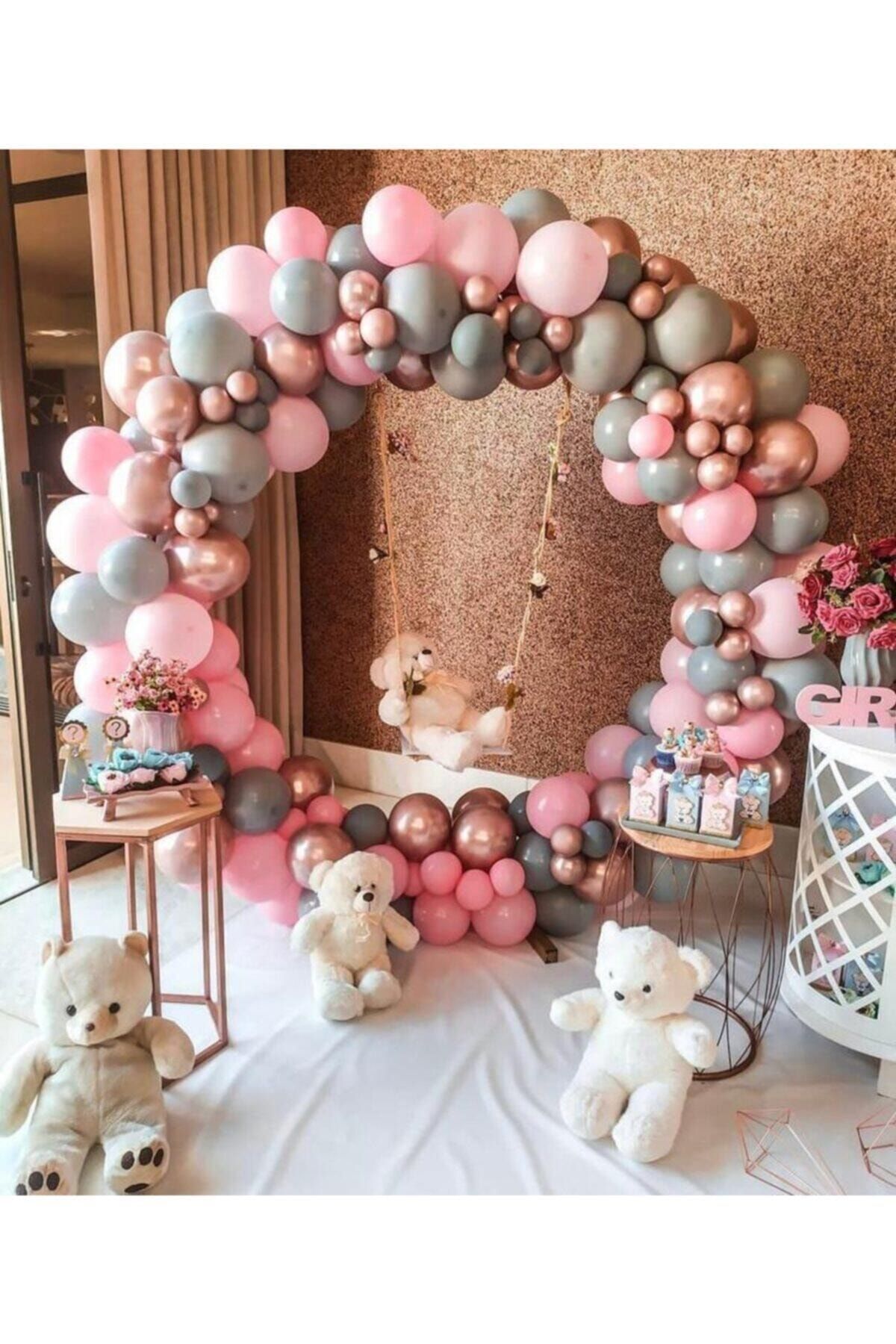 Krom Rose Gold Pastel Pembe Ve Gri Balon Zinciri 100 Adet