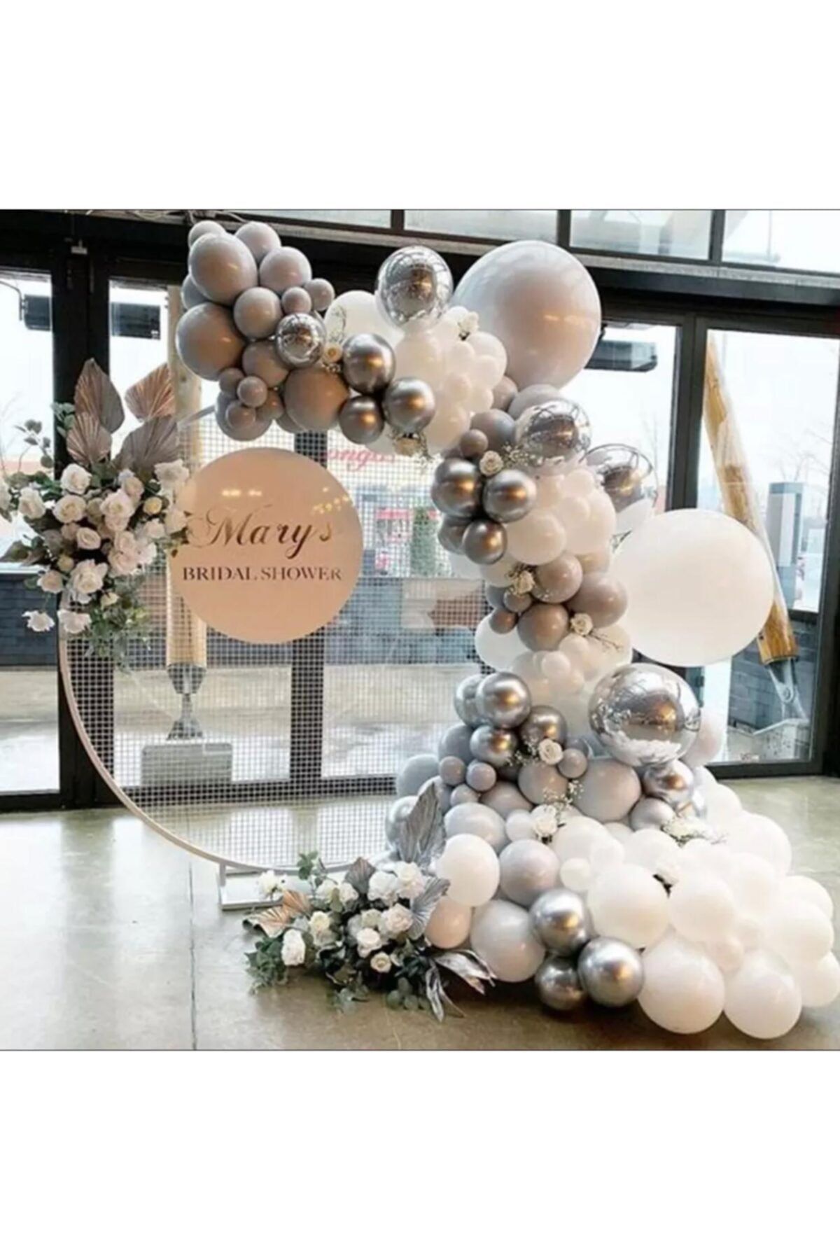 Krom Gümüş Pastel Beyaz Ve Taş Rengi Balon Zinciri 100 Adet