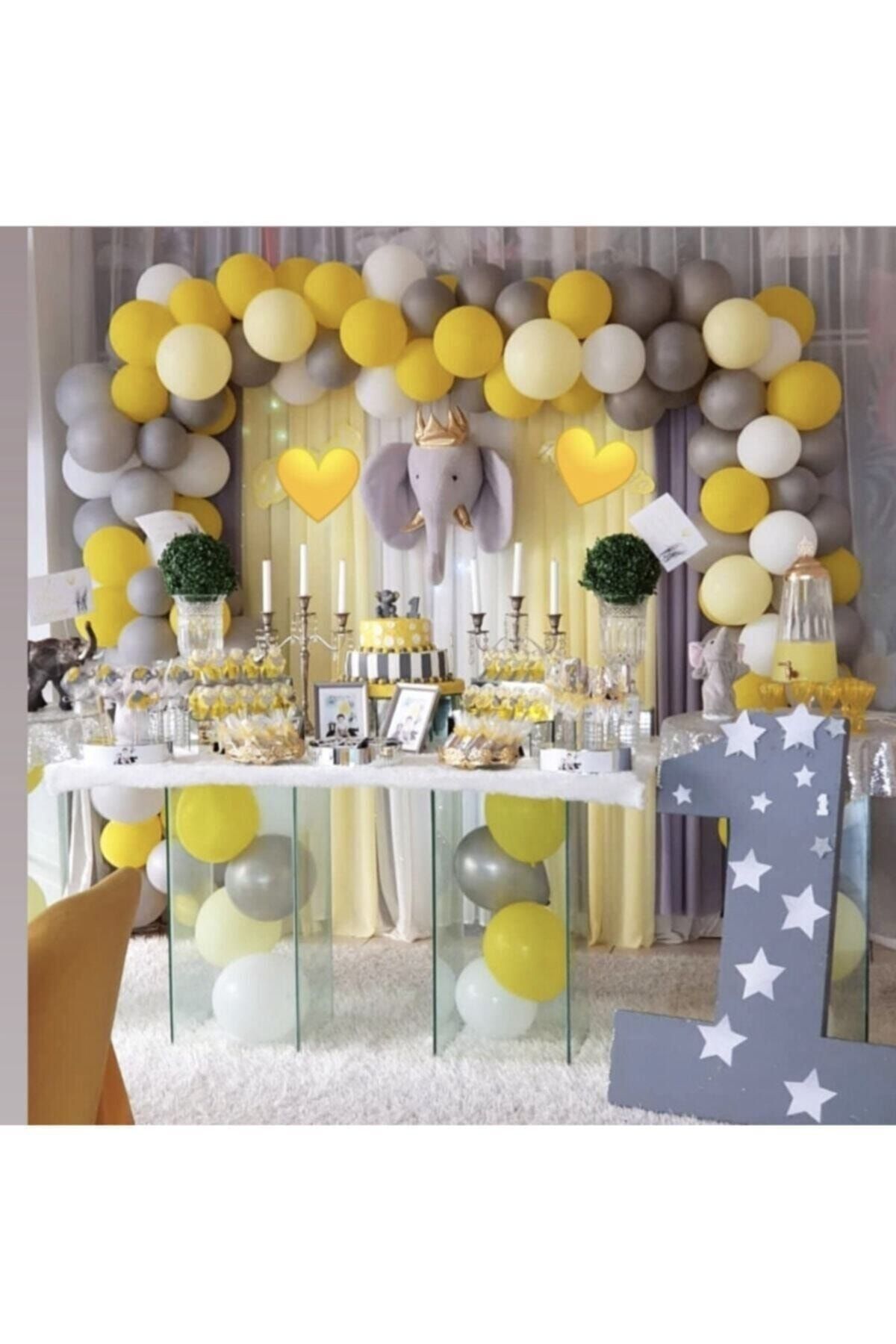 100 Adet Sarı Gri Beyaz Makaron Sarı Balon Zincir Özel Gün Konsept Zincir
