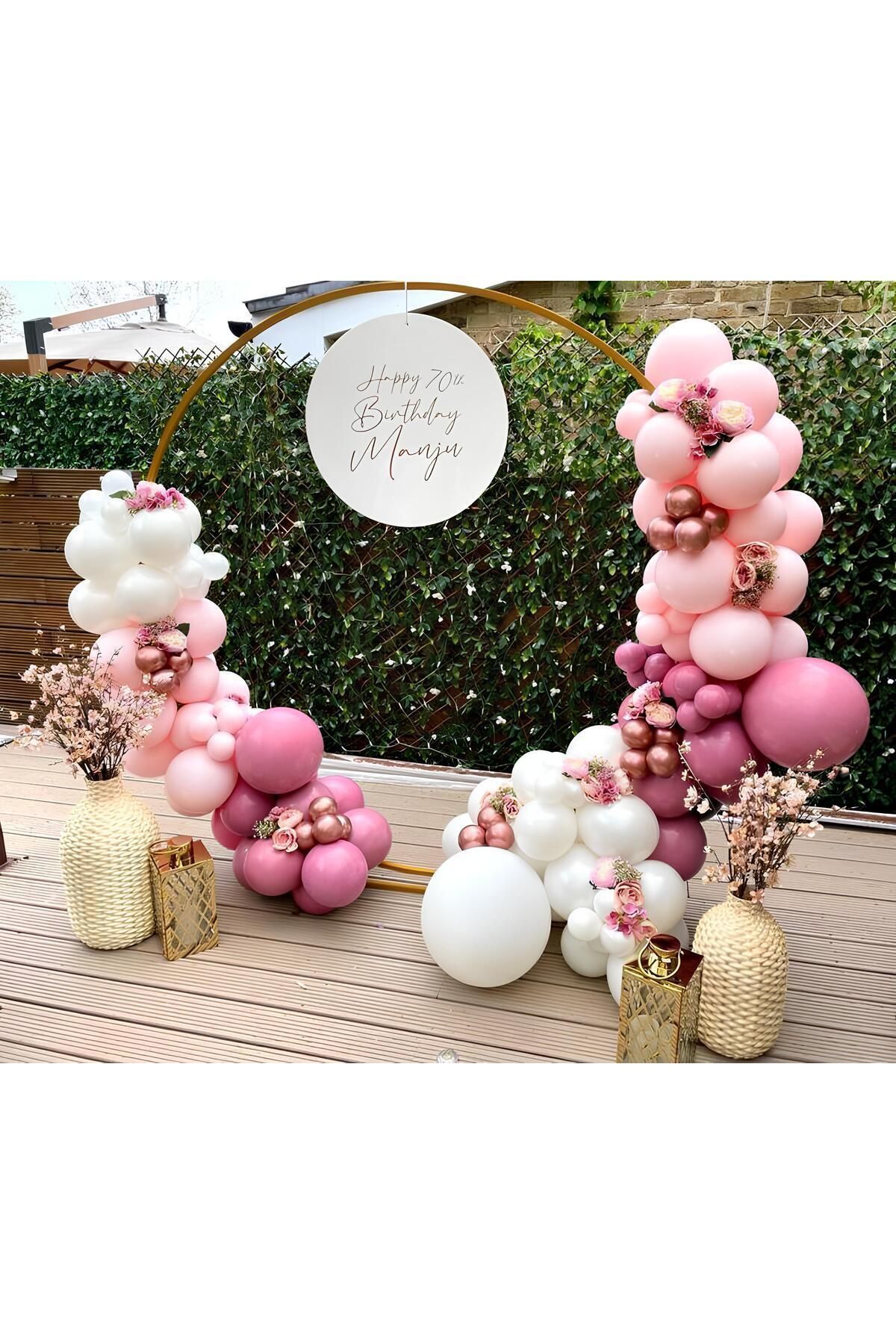 Krom Rose Gold Beyaz Makaron Pembe ve Yaban Çileği  Balon Zinciri 100 Adet