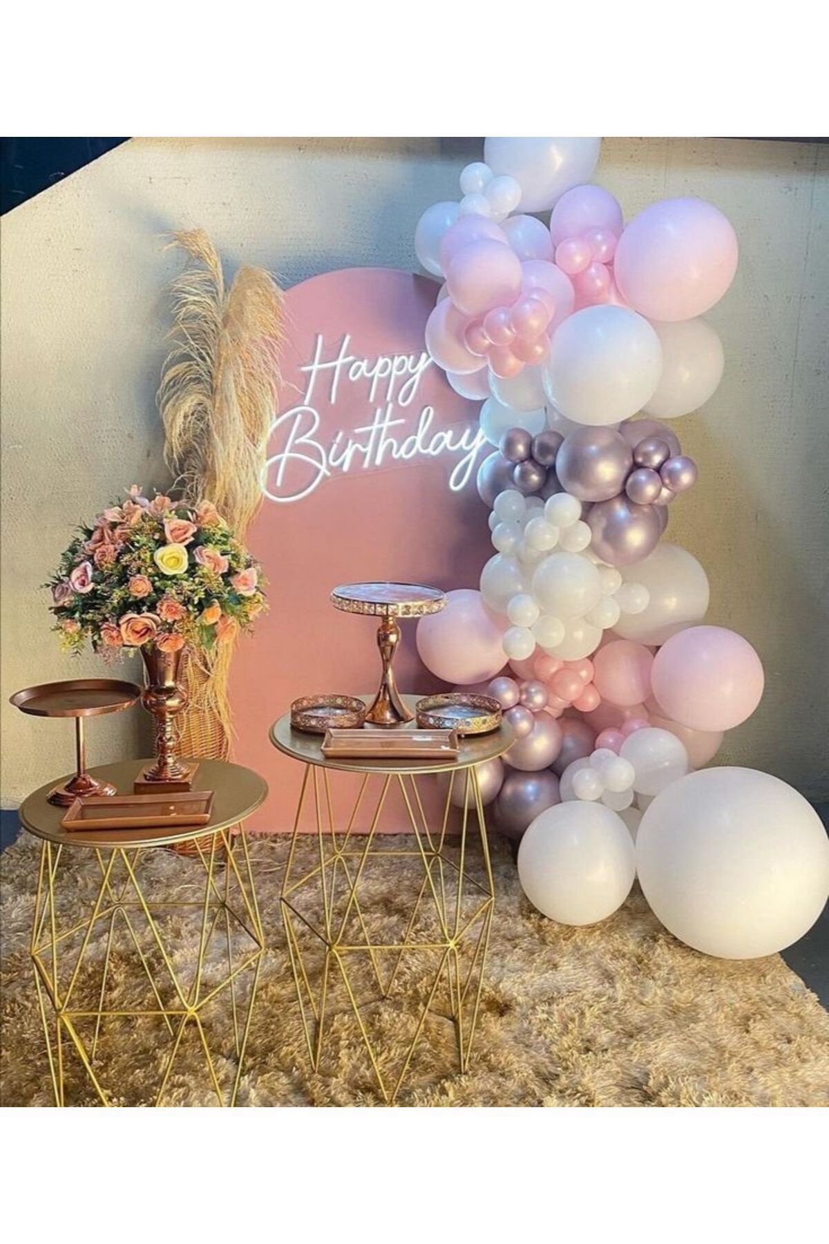 Krom Pembe Makaron Pembe ve Beyaz Balon Zinciri 100 Adet