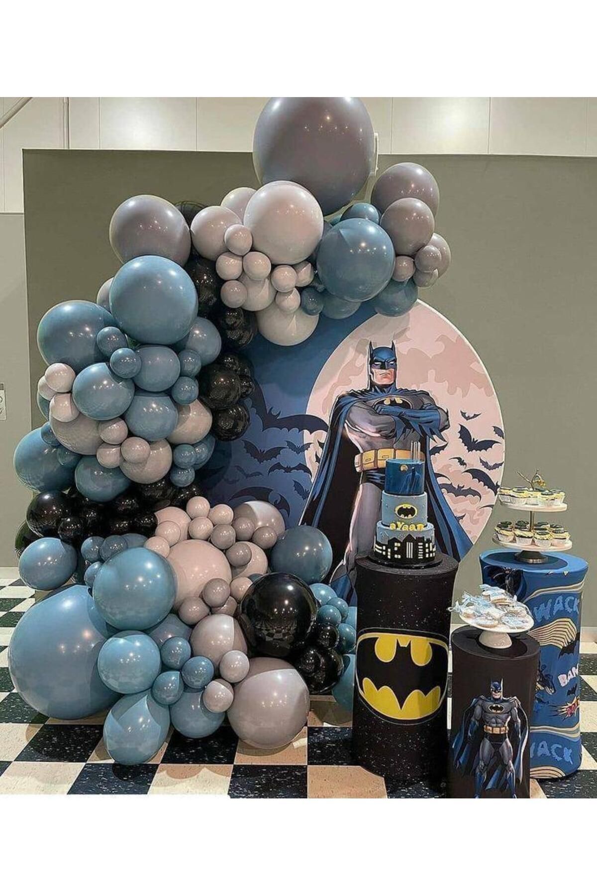 Pastel Siyah Mavi Cam Gri ve Retro Beyaz Balon Zinciri 100 Adet