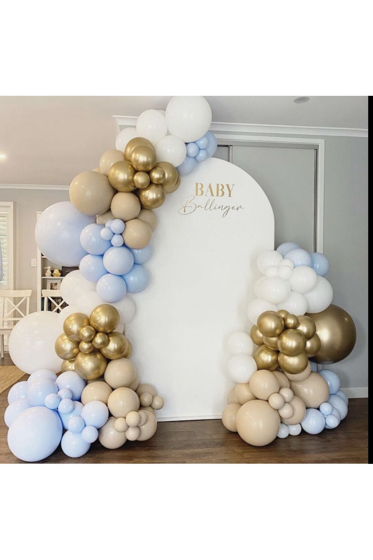 Krom Gold Beyaz Deniz Kumu ve Makaron Mavi Balon Zinciri 100 Adet