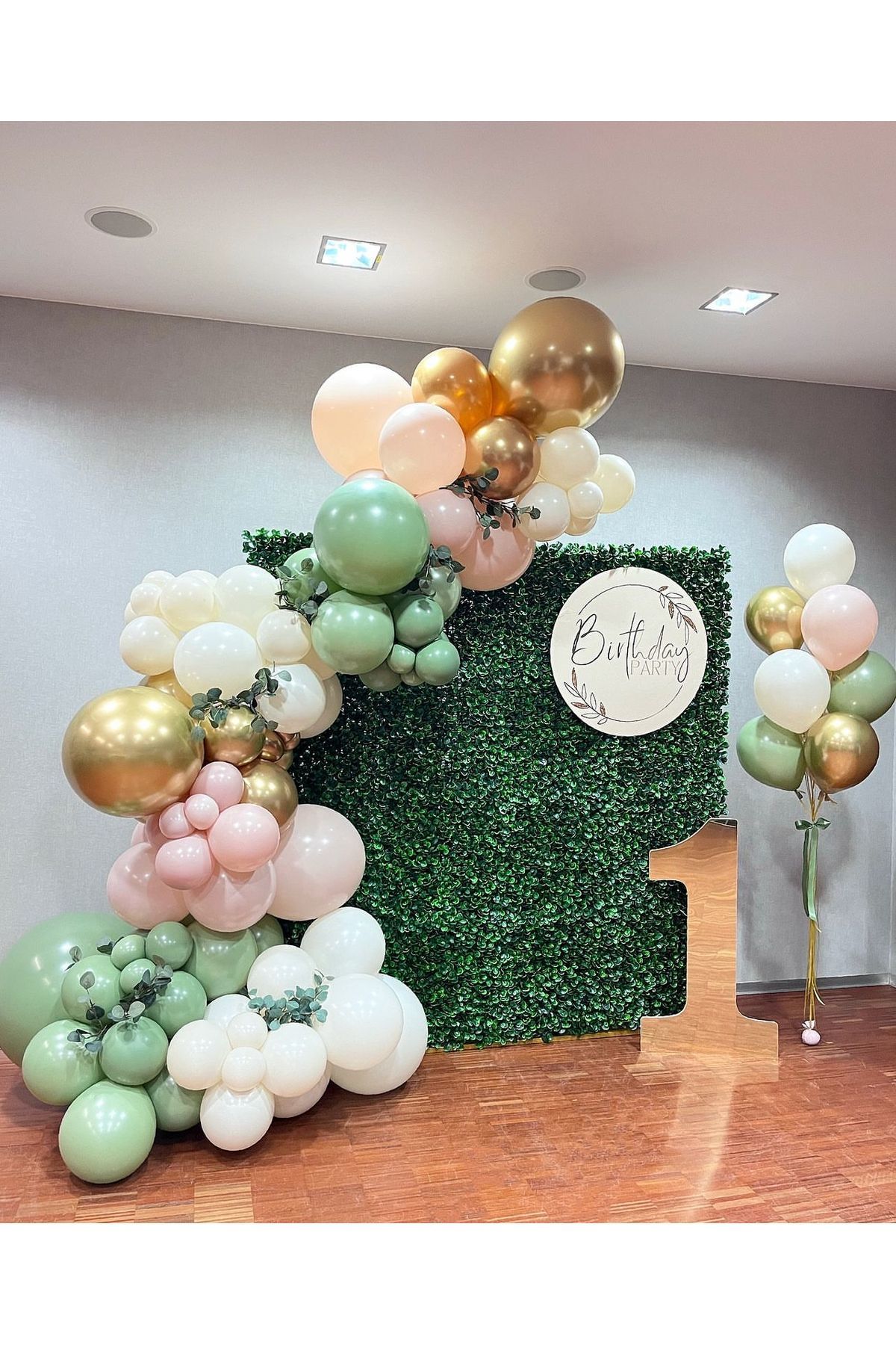 Krom Gold Pink Blush Kış Yeşili ve Beyaz Balon Zinciri 100 Adet