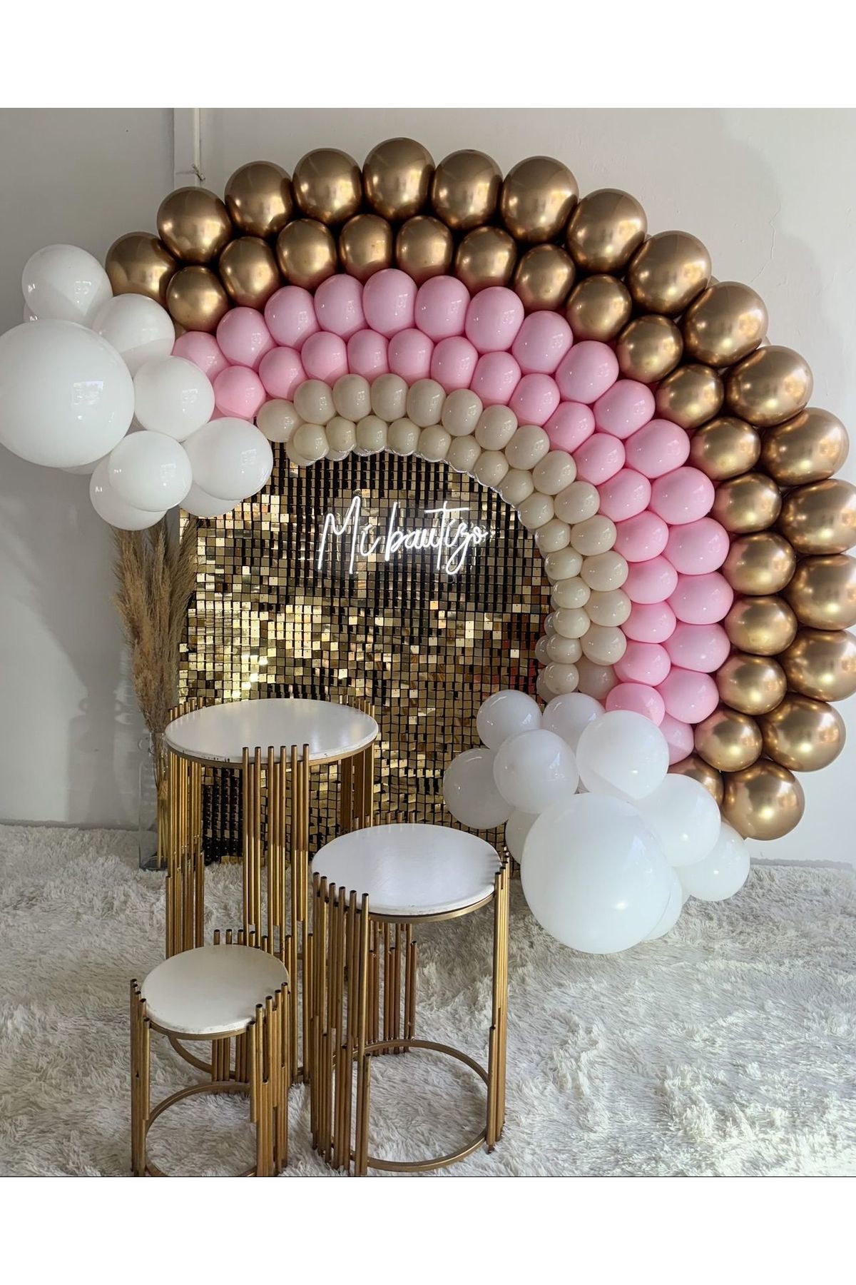 Krom Gold Makaron Pembe Deniz Kumu ve Beyaz Balon Zinciri 100 Adet
