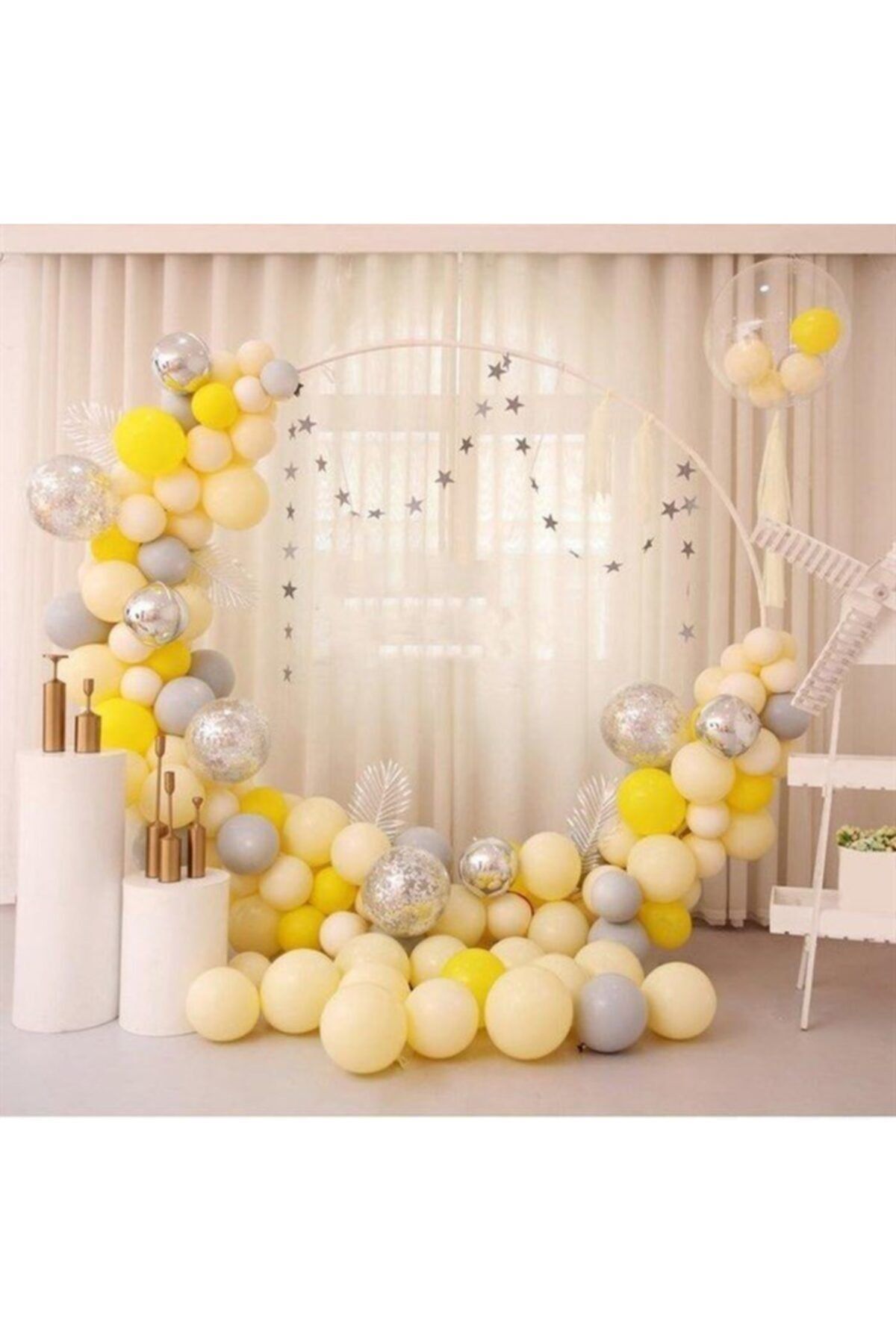 Sarı Makaron Gümüş  Konfetili Balon Zincir Seti