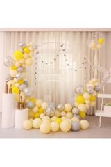 Sarı Makaron Gümüş  Konfetili Balon Zincir Seti