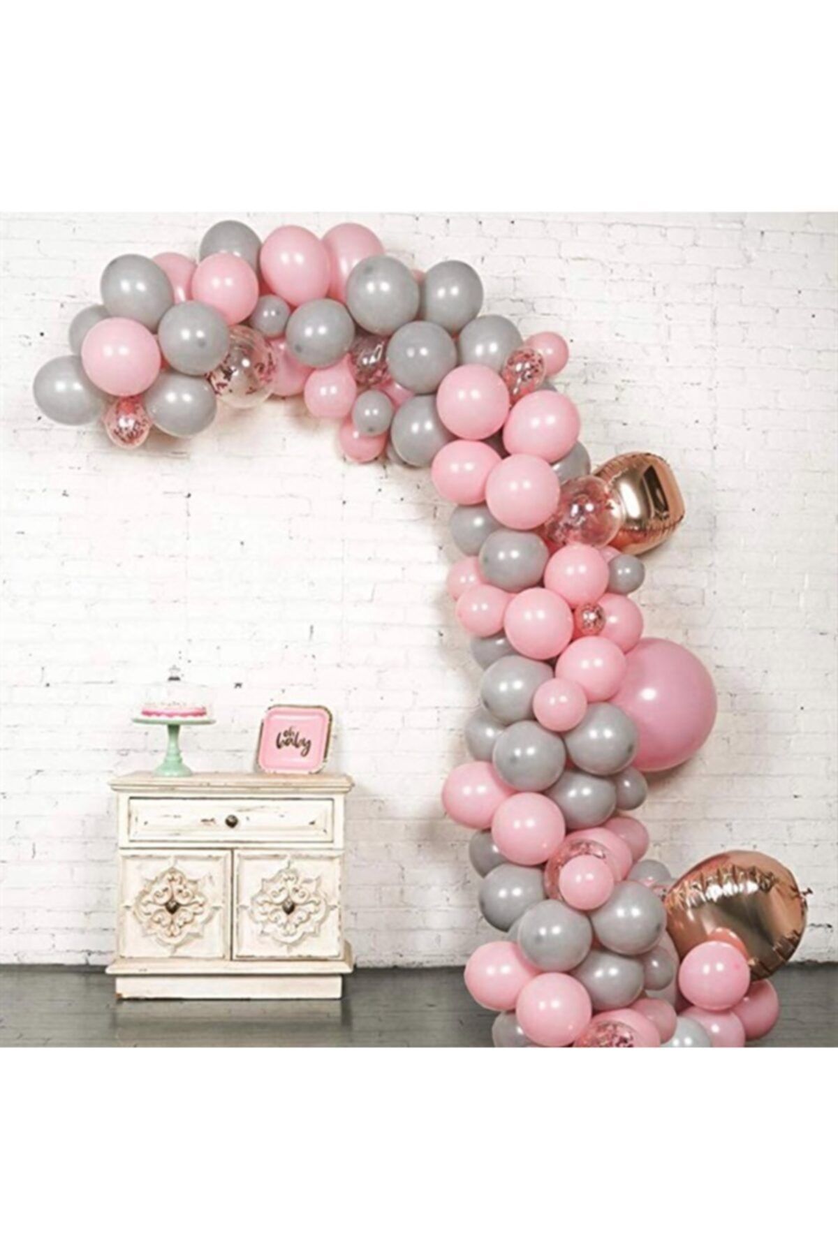 Gri Pembe Rose Konfetili Balon Zincir Seti