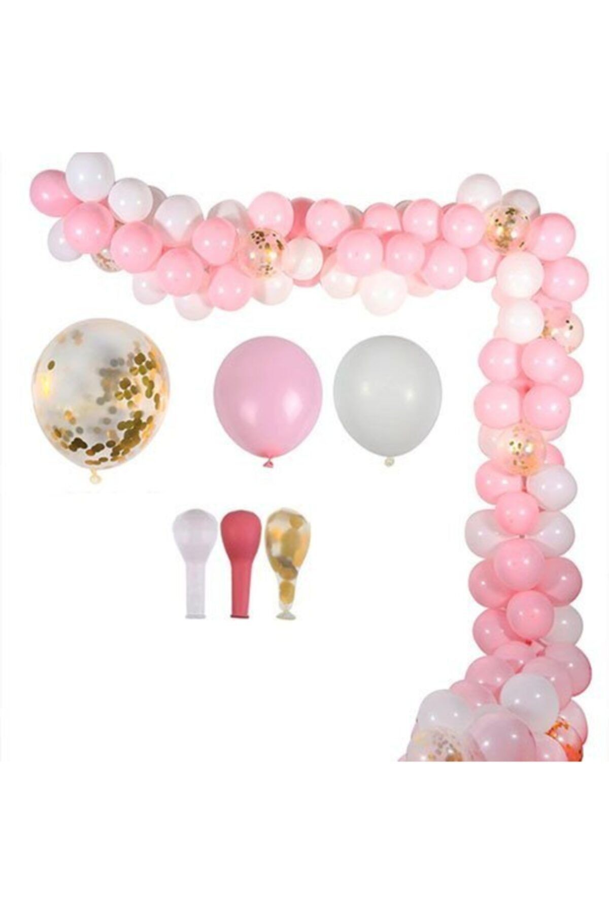 Pembe Beyaz Zincir Gold Balon Konfetili Balon Seti 10 Metre-doğum Günü Balon Seti