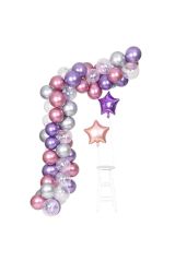 Pembe Mor Gümüş Konfetili Balon Zincir Seti