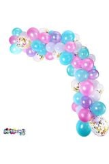 Zincir Balon Seti Pembe - Mavi - Mor / Konfetili 130 Adet Balon