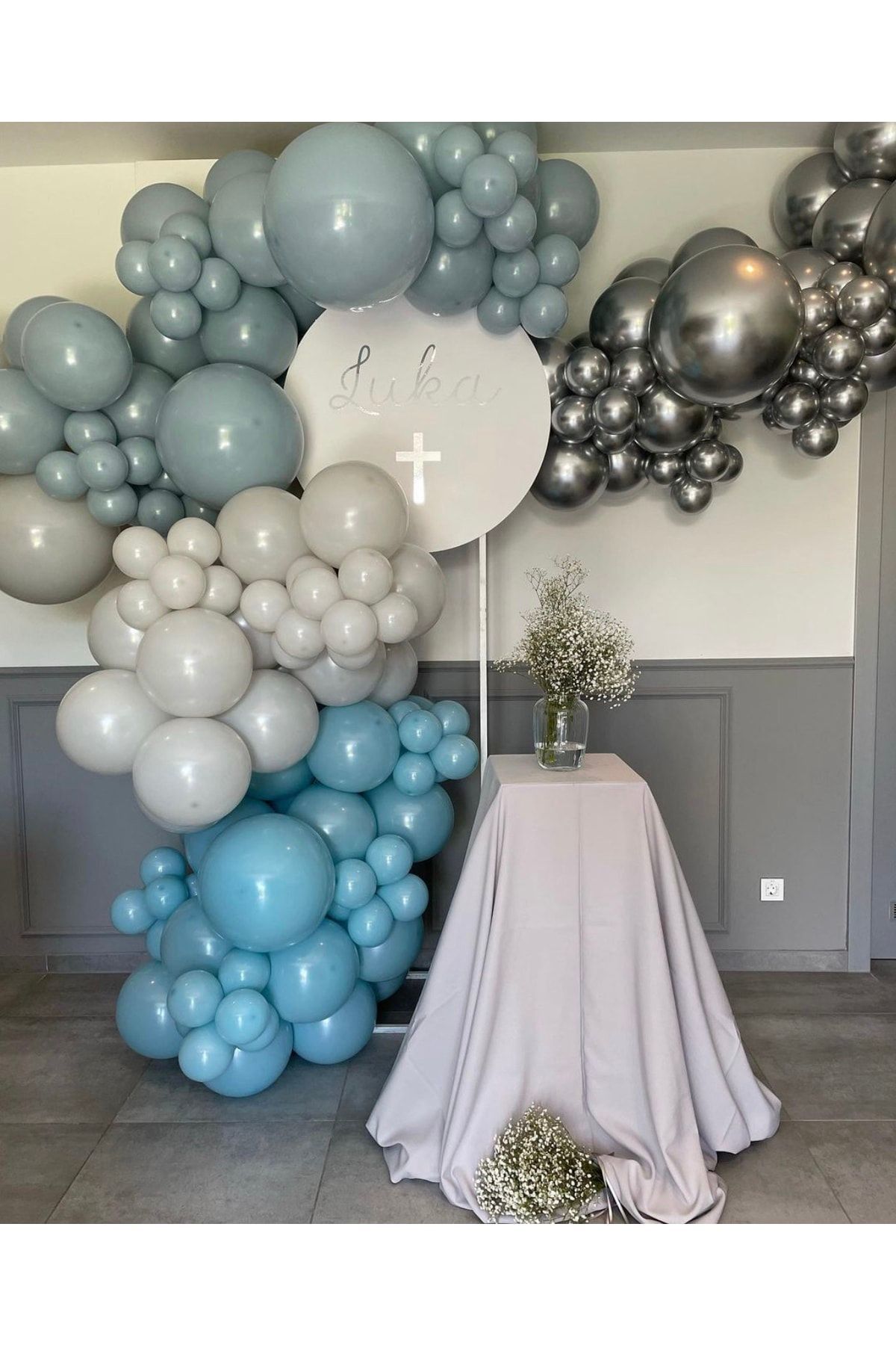 Krom Gümüş Mavi Cam Gri Ve Duman Balon Zinciri 100 Adet