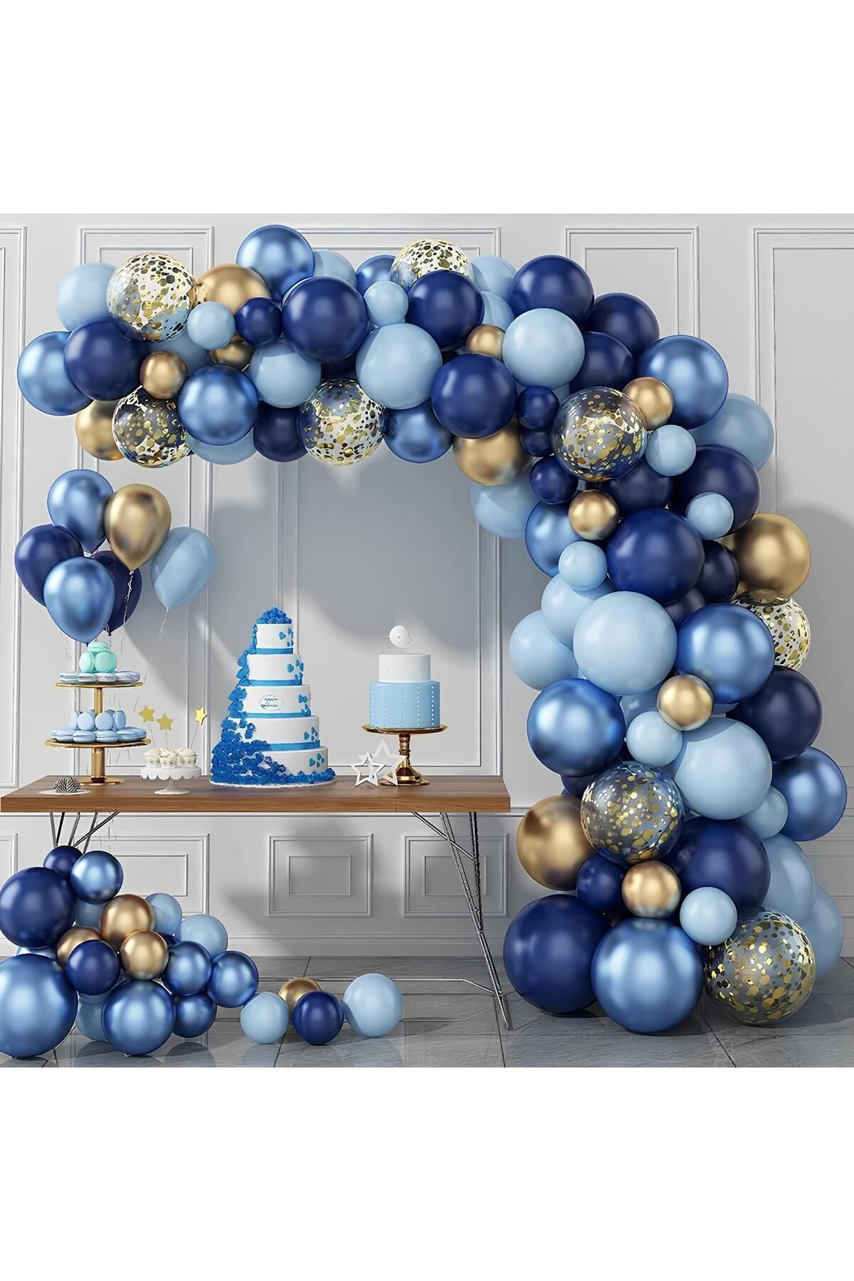 Gold Krom Makaron Mavi Gece Mavisi ve Şeffaf Balon Zinciri 100 Adet