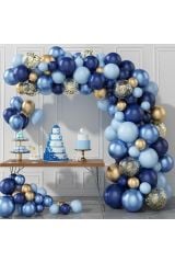 Gold Krom Makaron Mavi Gece Mavisi ve Şeffaf Balon Zinciri 100 Adet