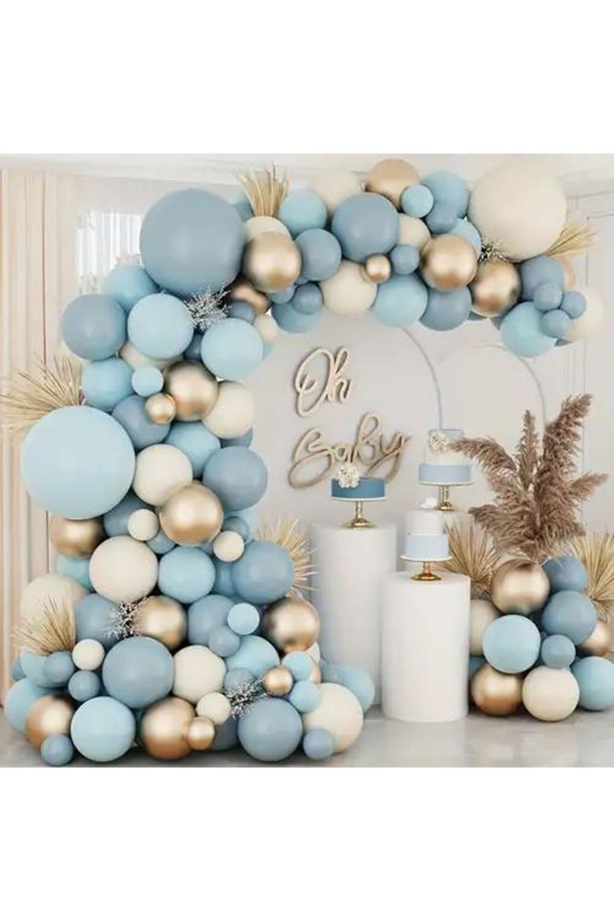 Krom Gold Fırtına Mavisi Makaron Mavi ve Beyaz Balon Zinciri 100 Adet