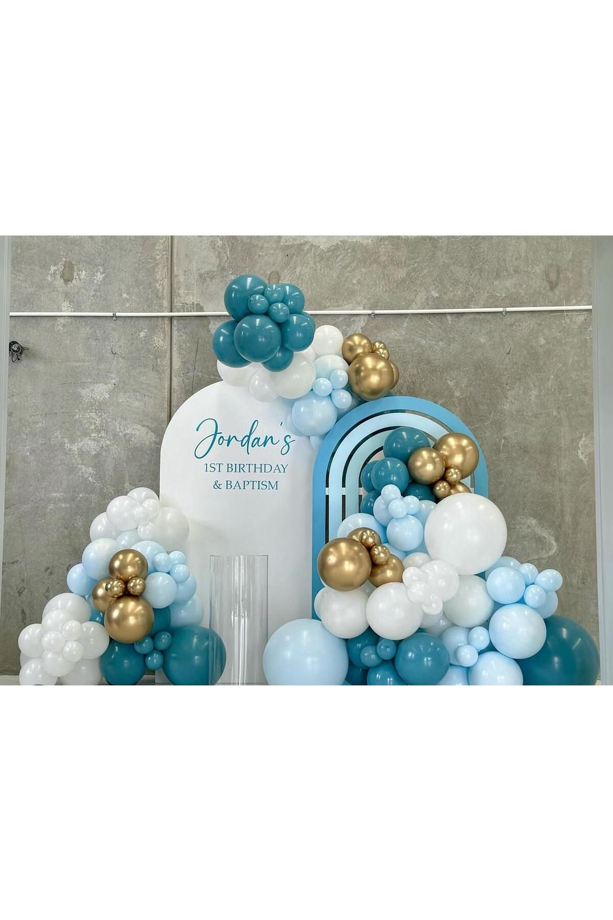 Krom Gold Derin Okyanus Makaron Mavi ve Pastel Beyaz Balon Zinciri 100 Adet