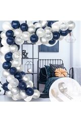 Gece Mavisi Beyaz Gümüş Konfetili Balon Zincir Seti