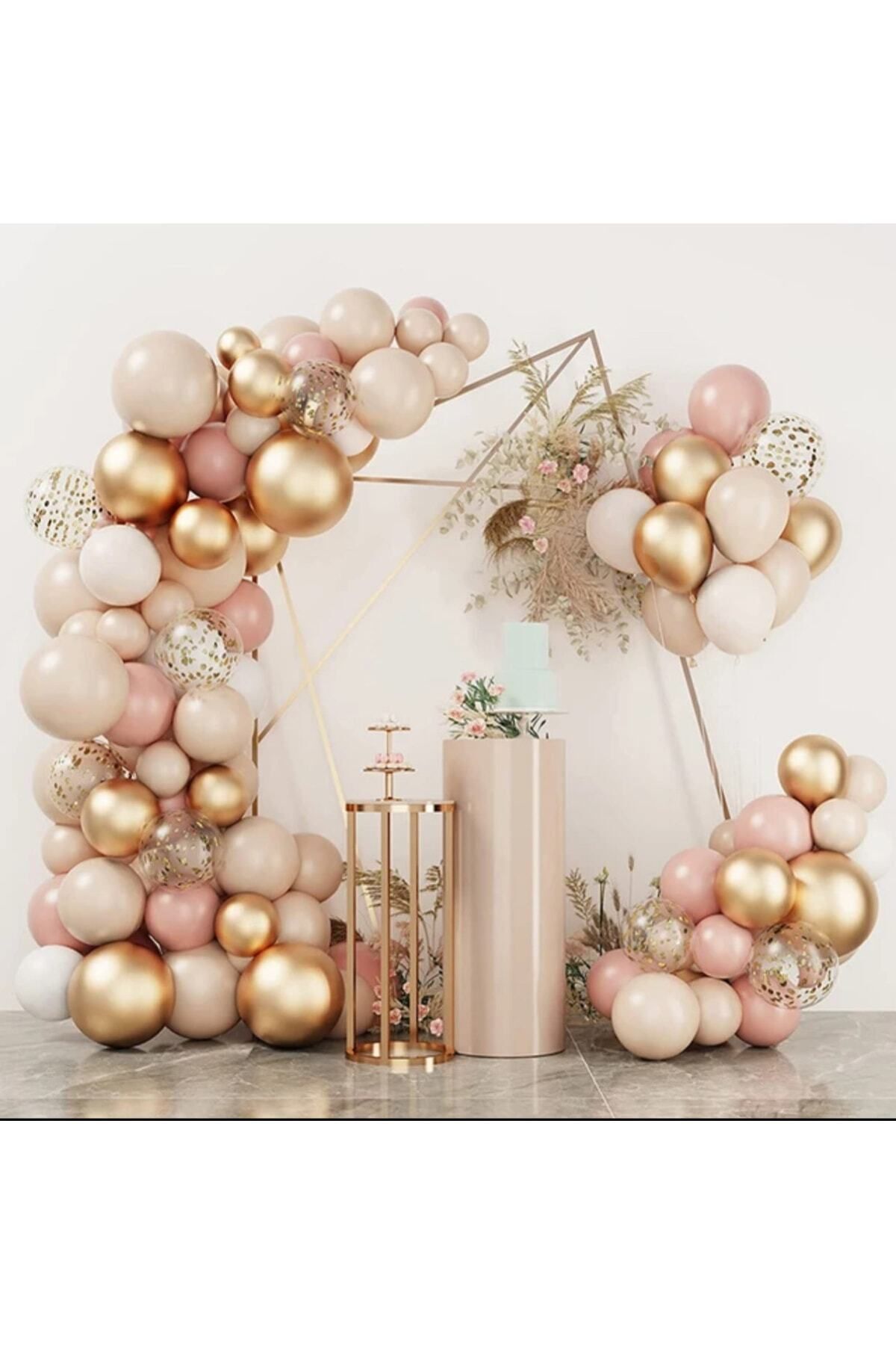 Pudra Pembe Gold Konfetili Balon Zincir Seti 100 Adet