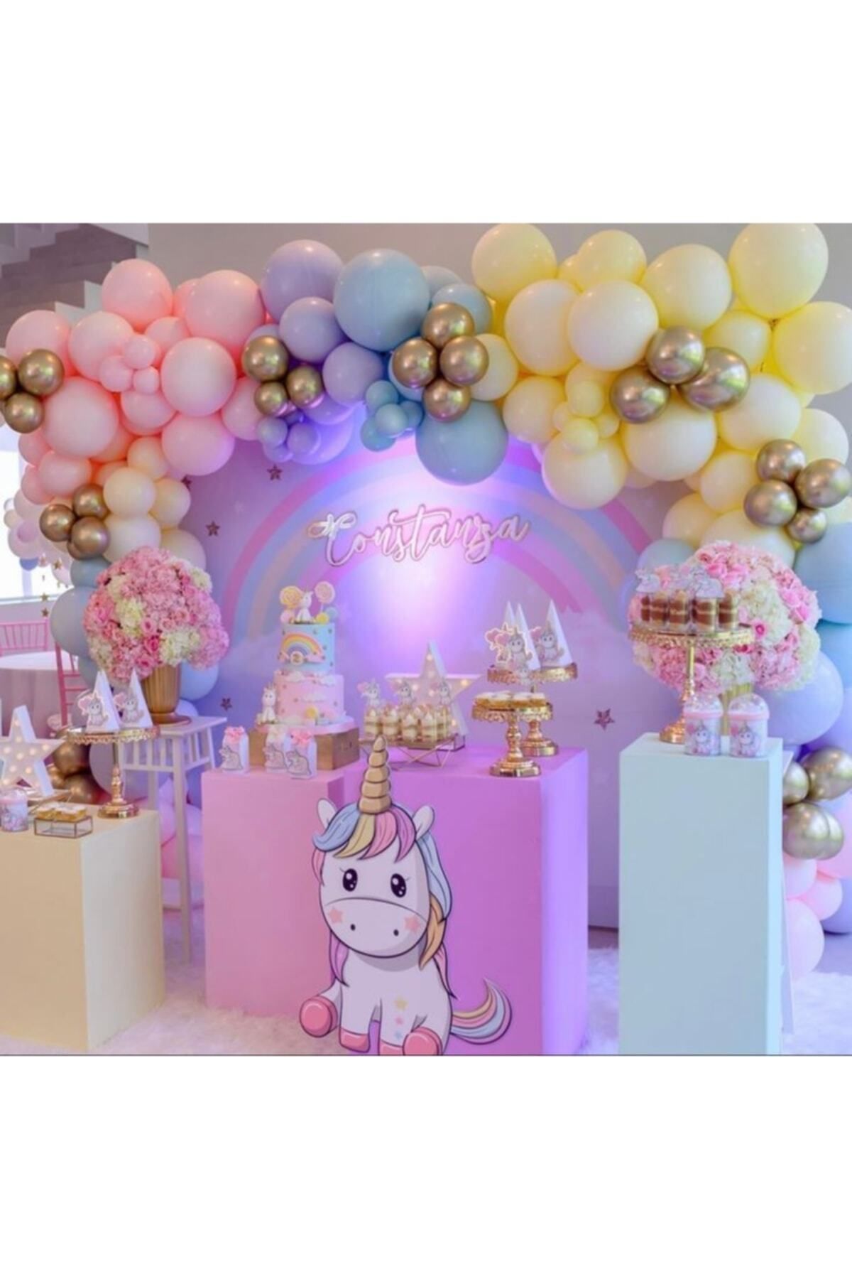 100 Adet Unicorn Doğum Günü Parti Temalı Karışık Makaron Krom Balon Seti