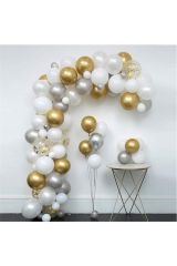 Gold Gümüş Beyaz Kombin Zincir Balon Seti 5 Metre 100 Adet