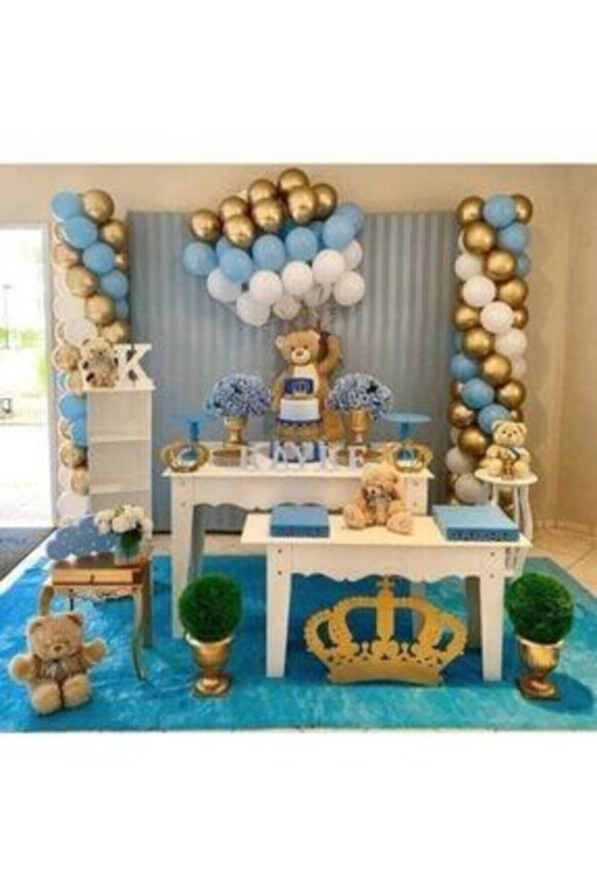 100 Adet Mavi Beyaz Metalik Gold Krom Balon Ve Balon Zinciri Konsept Parti