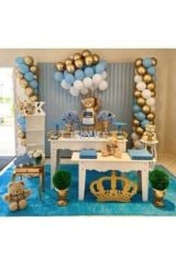 100 Adet Mavi Beyaz Metalik Gold Krom Balon Ve Balon Zinciri Konsept Parti