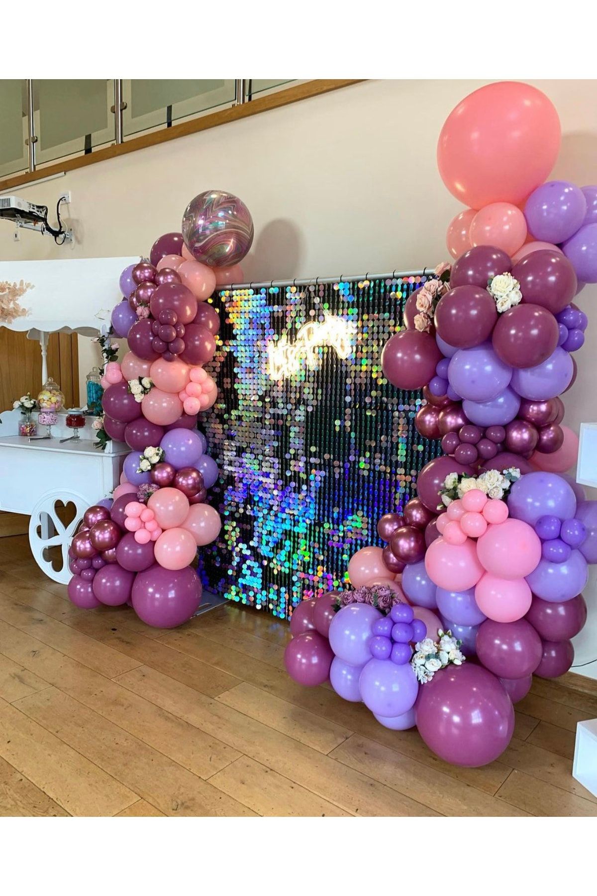Krom Pembe Pastel Yaban Çileği Makaron Pembe Ve Lila Balon Zinciri 100 Adet