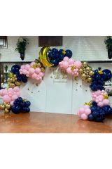 Krom Gold Gece Mavisi Ve Makaron Pembe Balon Zinciri 100 Adet