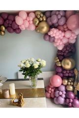 Krom Gold Yaban Çileği Toz Pembe Ve Makaron Pembe Balon Zinciri 100 Adet