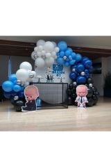 Krom Gümüş Pastel Siyah Gece Mavisi Ve Makaron Mavi Ve Beyaz Balon Zinciri 100 Adet