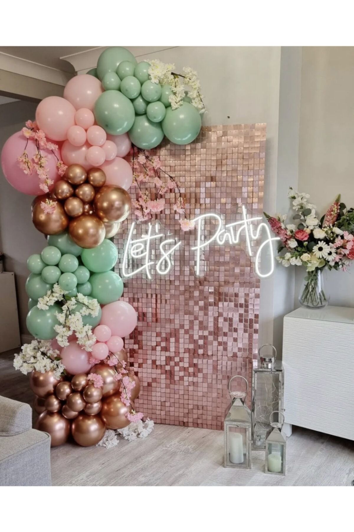 Krom Rose Gold Makaron Pembe Ve Kış Yeşili Balon Zinciri 100 Adet