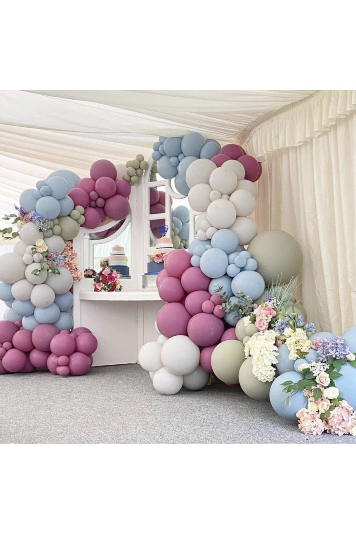 Pastel Yaban Çileği Mavi Cam Deniz Kumu Ve Küf Yeşili Balon Zinciri 100 Adet