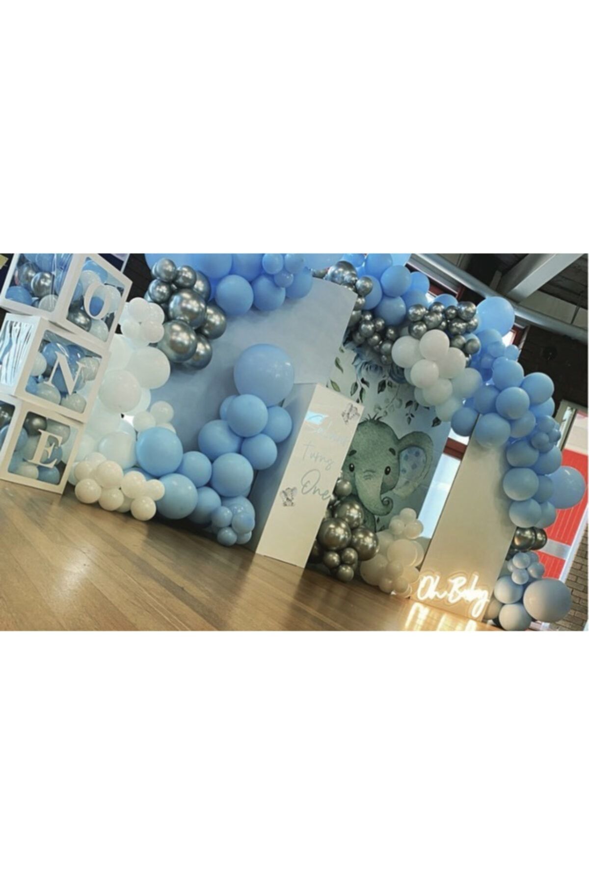 Krom Gümüş Makaron Mavi Ve Beyaz Balon Zinciri 100 Adet