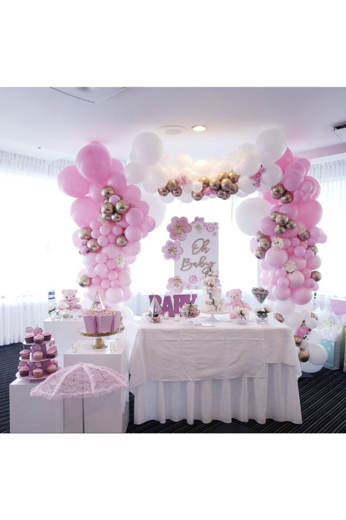 Krom Gold Makaron Pembe Ve Pastel Beyaz Balon Zinciri 100 Adet