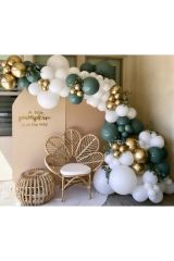 Krom Gold Retro Adaçayı Ve Pastel Beyaz Balon Zinciri 100 Adet