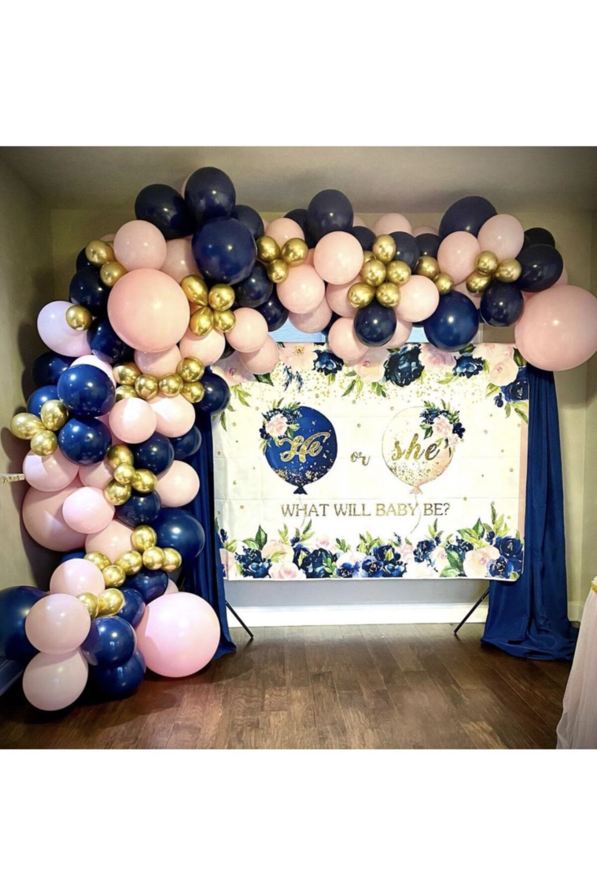 Krom Gold Gece Mavisi Ve Makaron Pembe Balon Zinciri 100 Adet