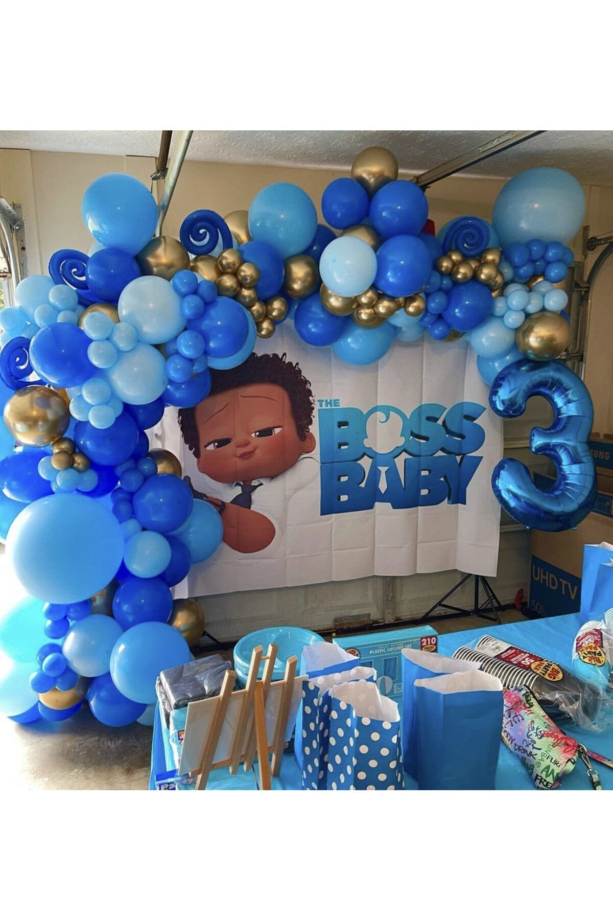 Krom Gold Ve Mavi Tonları Patron Bebek Balon Zinciri Konsept 100 Adet