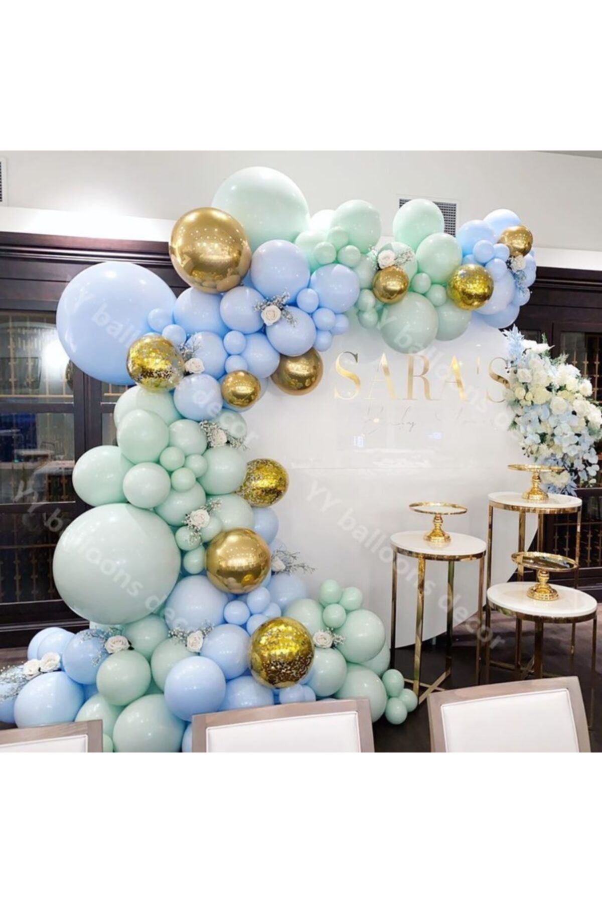 Krom Gold Makaron Mavi Ve Mint Yeşili Balon Zinciri 100 Adet