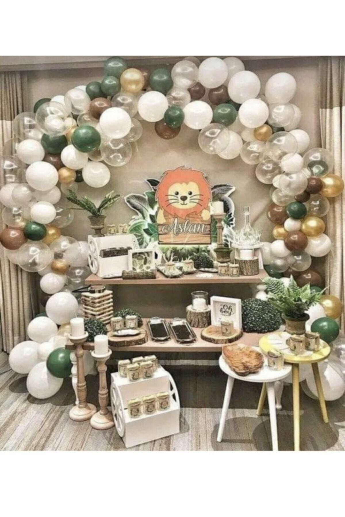 Safari Temalı Yeşil Beyaz Şeffaf Gold Kahverengi Balon Zinciri 100 Adet