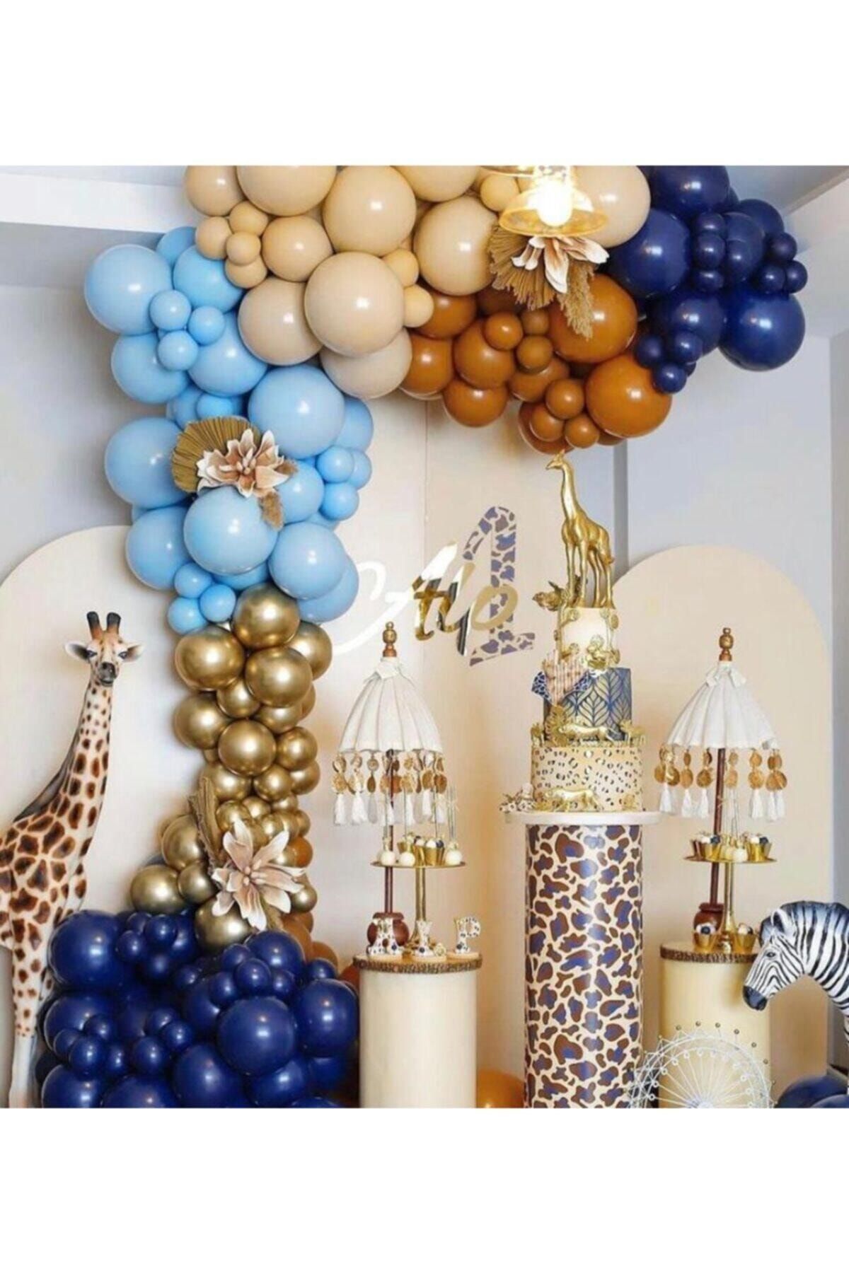 Pastell Balon Krom Balon Konsept Balon Zinciri Mavi Karamel Ten Lacivert Krom Gold 100 Adet
