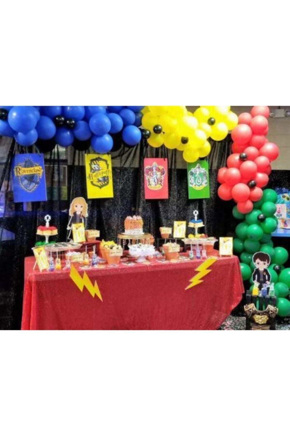 Sarı Kırmızı Mavi Yeşil Siyah Balon Zincir Hogwarts Binaları Konseptli Balon Zincir