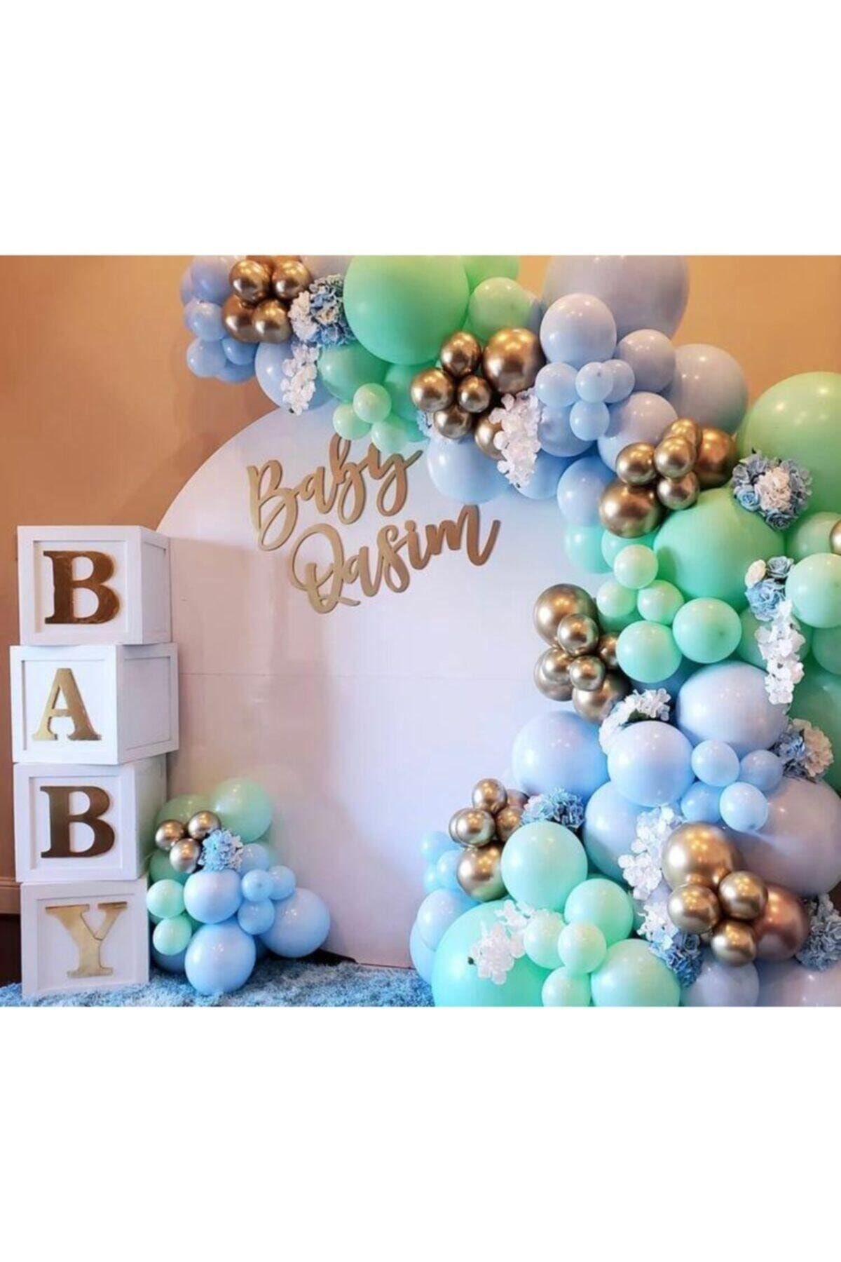 Krom Gold Makaron Mavi Ve Mint Yeşili Balon Zinciri 100 Adet