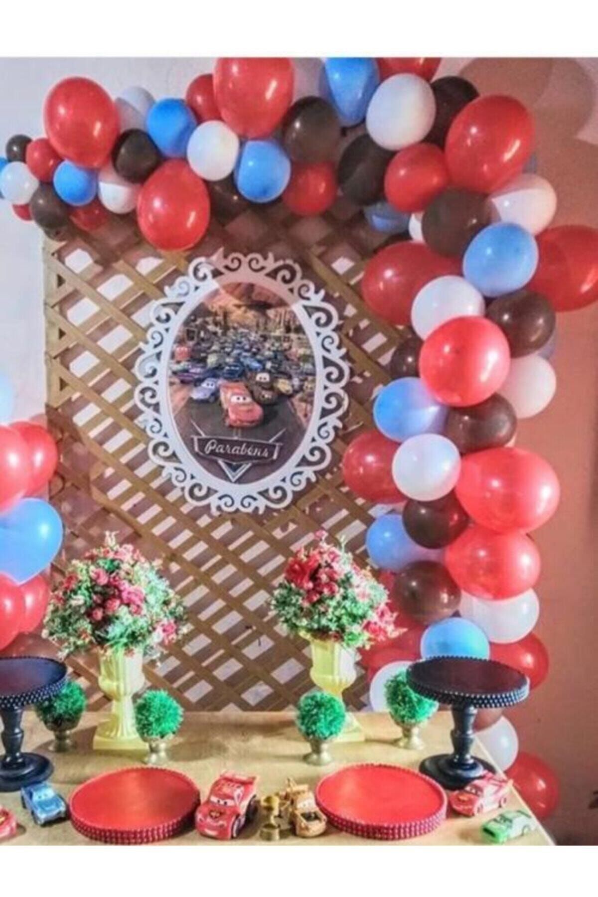 Araba Temalı Balon Zincir Kırmızı Beyaz Kahverengi Mavi Set 100 Adet