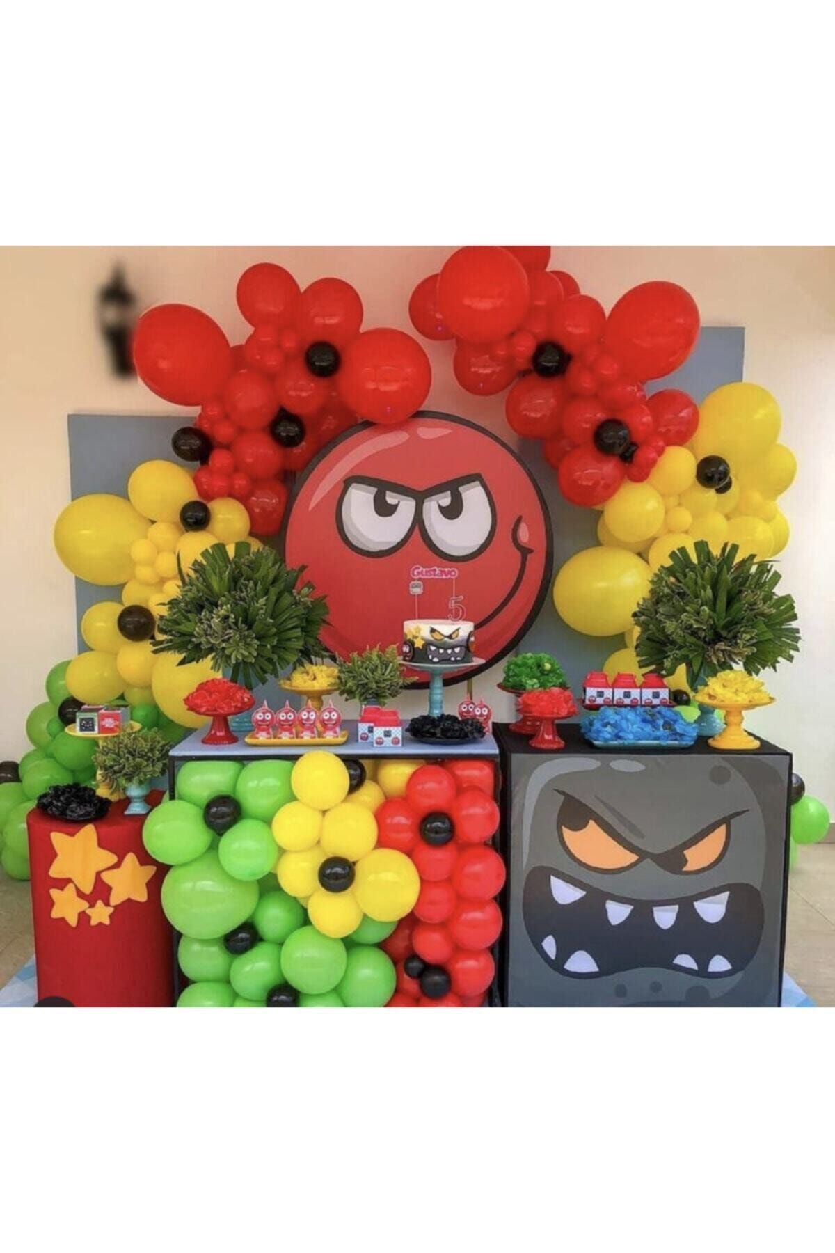 Pastel Kırmızı Siyah Açık Yeşil Ve Sarı Balon Zinciri 100 Adet