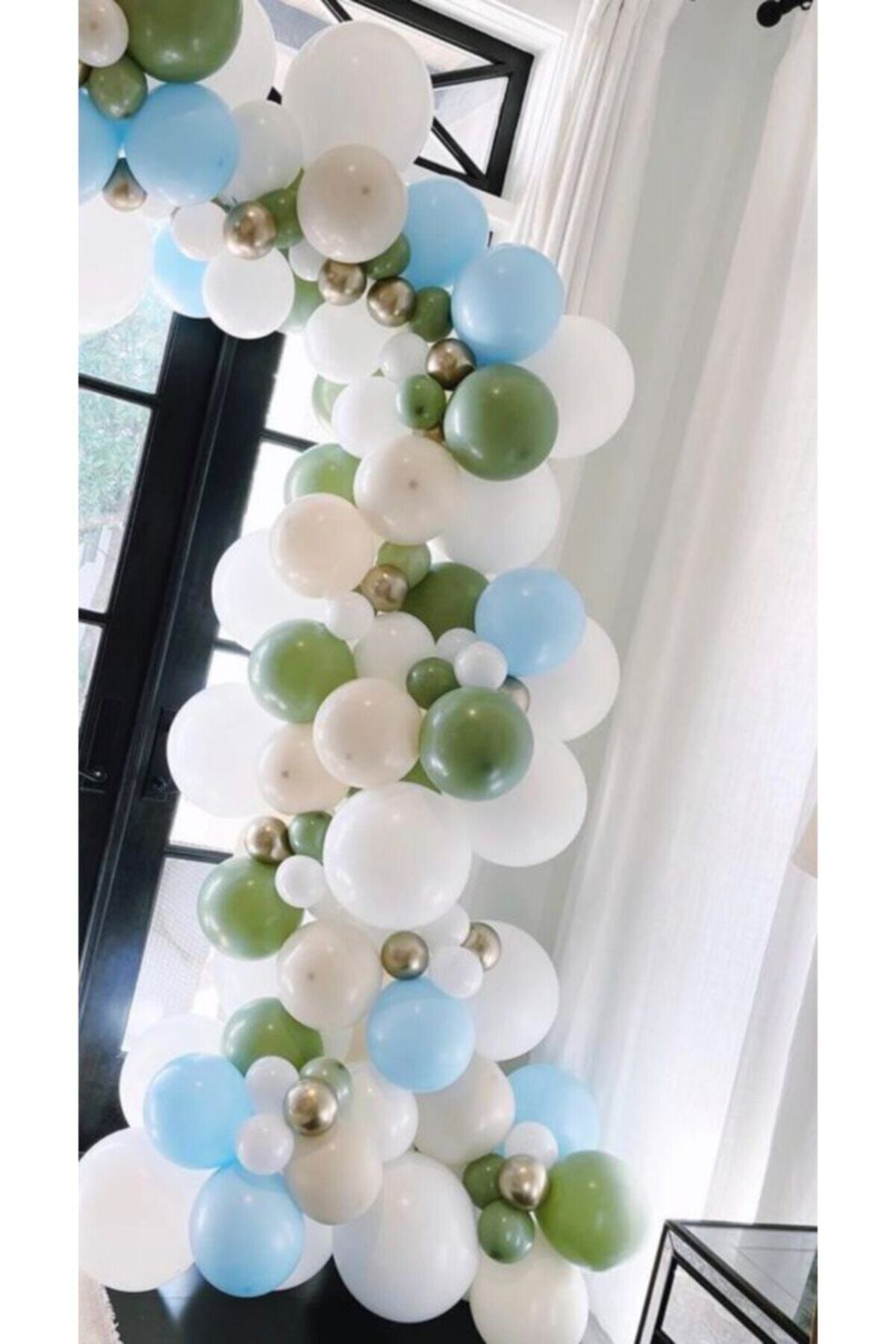 Krom Gold Makaron Mavi Küf Yeşili Ve Beyaz Balon Zinciri 100 Adet