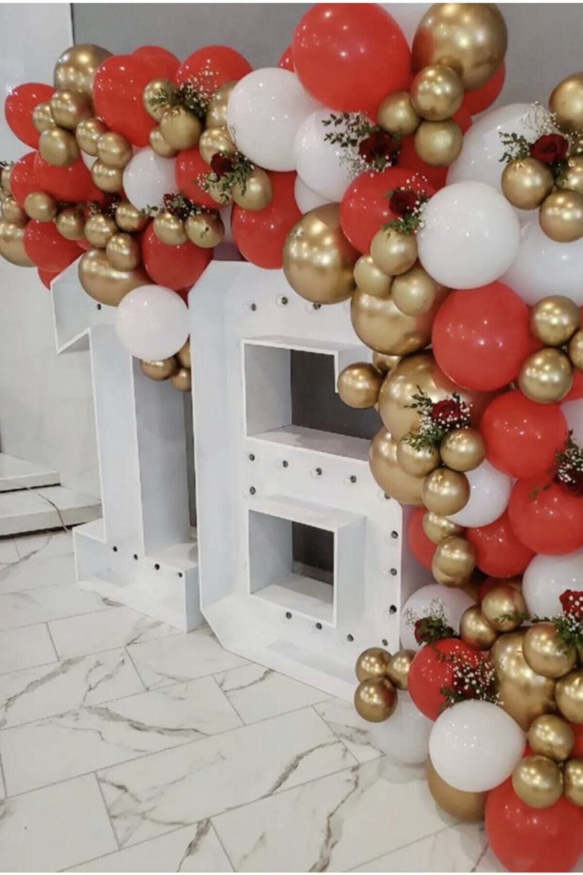 Krom Gold Pastel Kırmızı Ve Beyaz Balon Zinciri 100 Adet