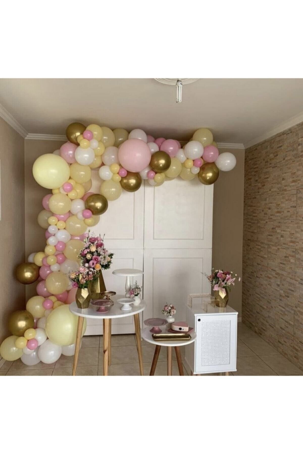 Krom Gold Makaron Sarı Pembe Ve Beyaz Balon Zinciri 100 Adet